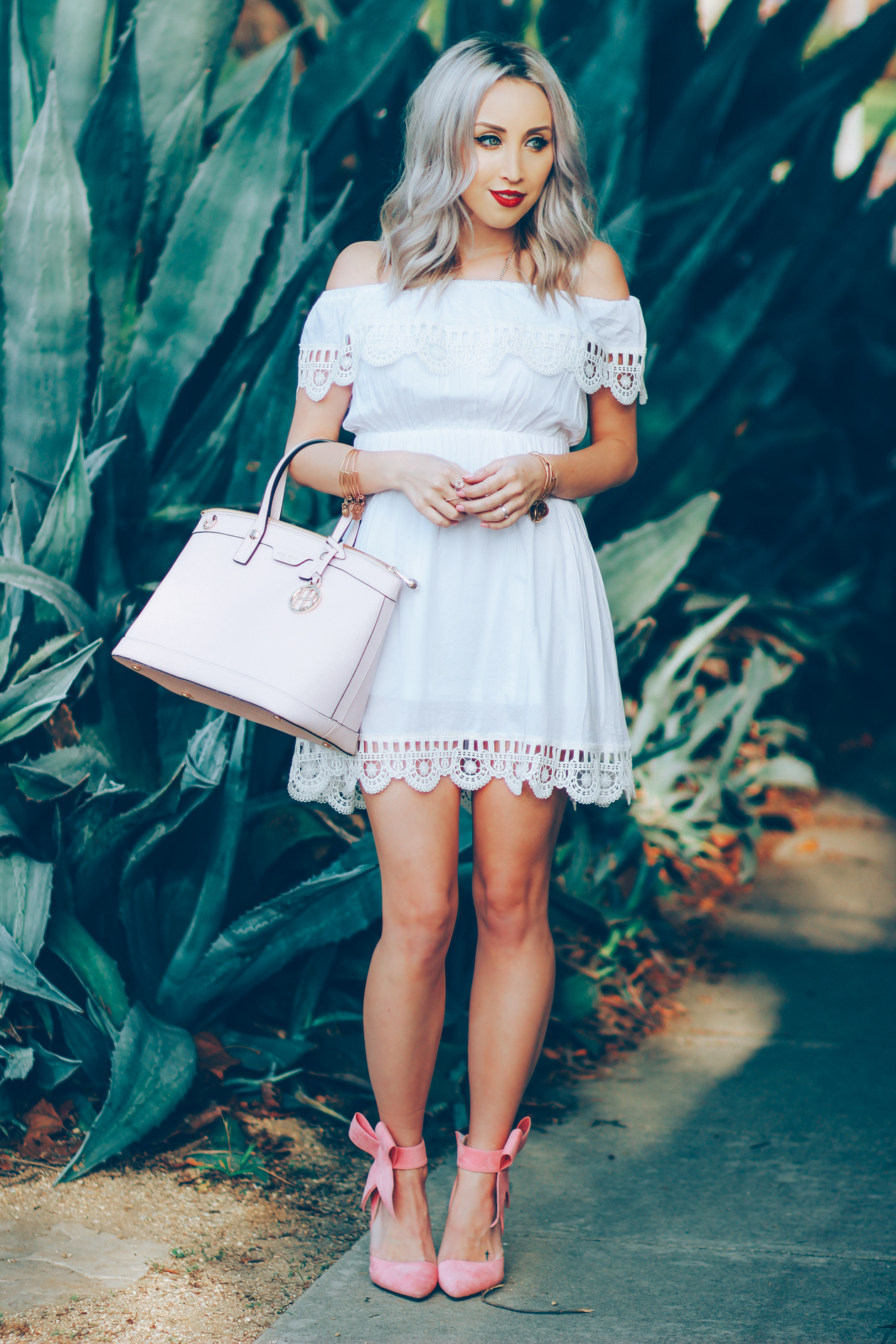 white dress pink heels